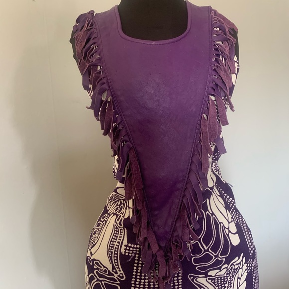 Vintage 1970s leather fringe with leather and polyester bodycon dress - Picture 3 of 7